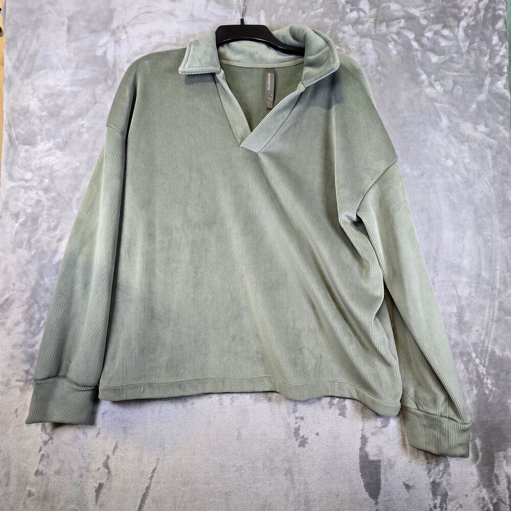 Mondetta V Neck Polo Sweater XL Sage Green Textured Ribbed Buttery Soft Heavy